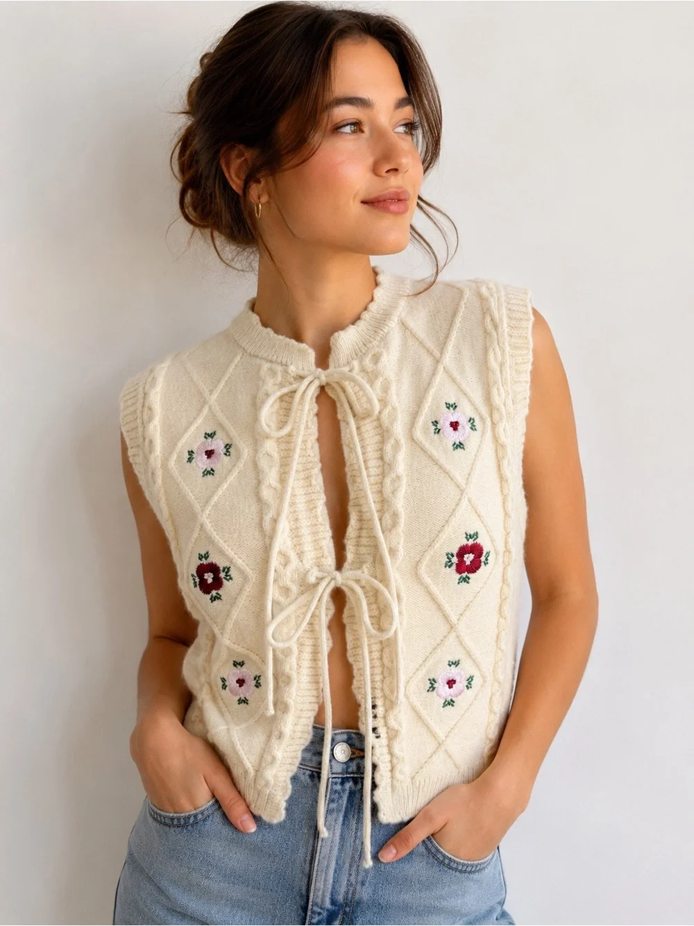 Cloud Ten Cream Embroidered Sweater Vest Tie Front Cottagecore Floral Size M